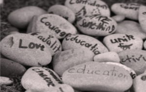 Close up of stones with messages written on them