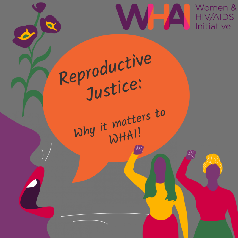 Illustrated women with raised fists. Speech bubble reads, "Reproductive Justice: Why it matters to WHAI!.