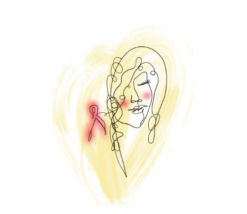 Line drawing of a peaceful face with a pink ribbon and heart in the background.