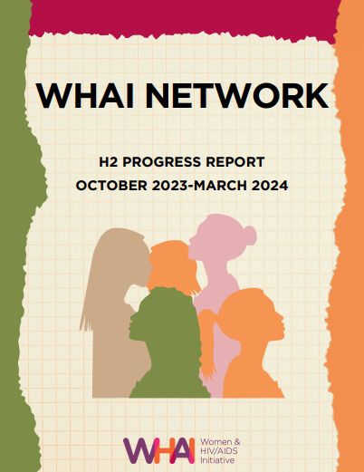 Abstract silhouettes of diverse women on WHAI Network progress report cover, October 2023-March 2024.