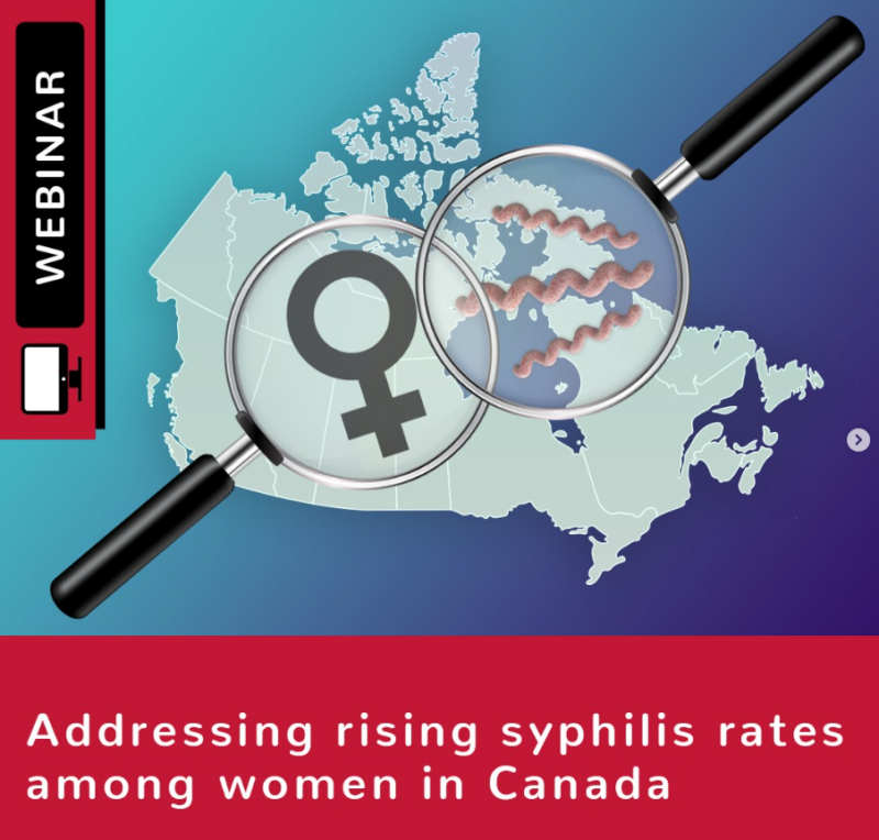 WHAI-Event-Addressing rising syphilis rates Map of Canada with magnifying glasses and symbols, addressing syphilis rates in Canadian women.