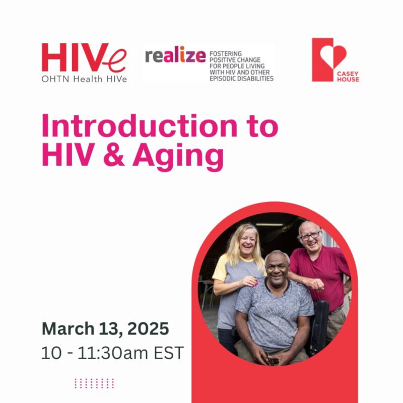 WHAI-Event-Introduction to HIV and Aging Event poster with "Introduction to HIV & Aging" March 13, 2025, 10-11:30am EST, logos, and a group photo of three people.