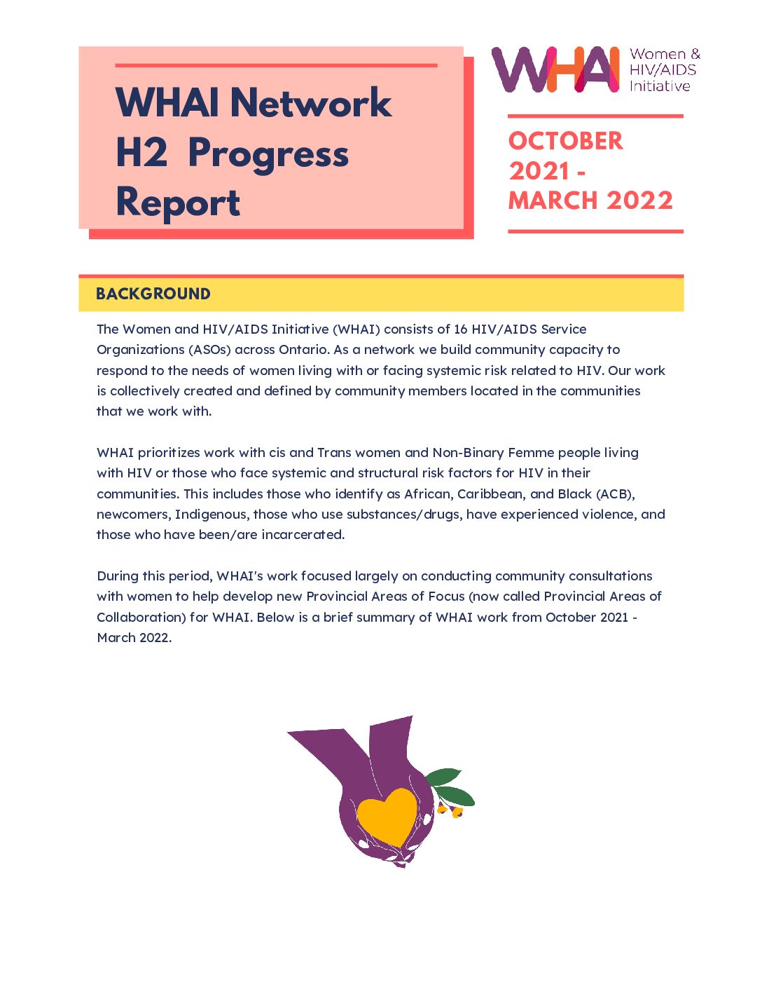 Report cover with text about the WHAI Network's progress. Includes a logo, a heart with a maple leaf, and dates.